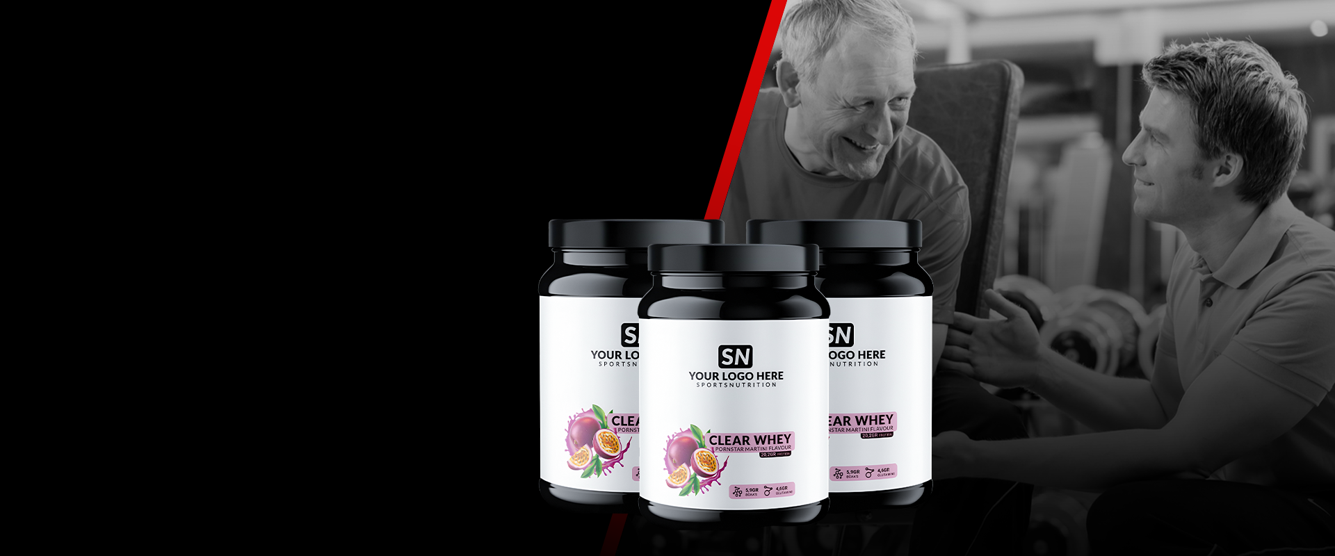 The image shows mock-up packaging for "Clear Whey" sports nutrition products, which are protein supplements designed for muscle growth, maintenance, and recovery. 1621243260e1af0c20-0