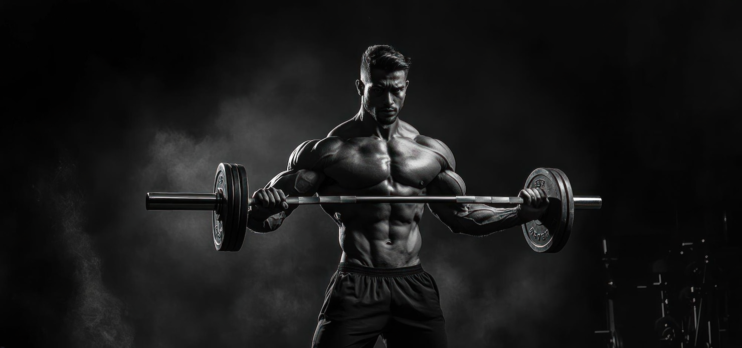 This is a stock image of a muscular man performing a bicep curl exercise with a barbell in a gym setting. slider_item_cif4Ln